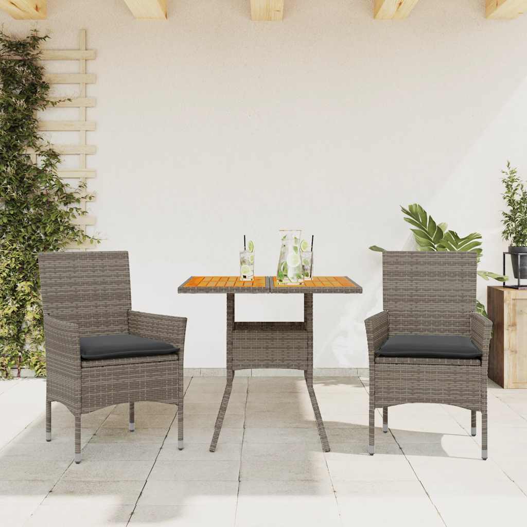 3-delige Tuinset met kussens poly rattan en acaciahout grijs – afbeelding 1
