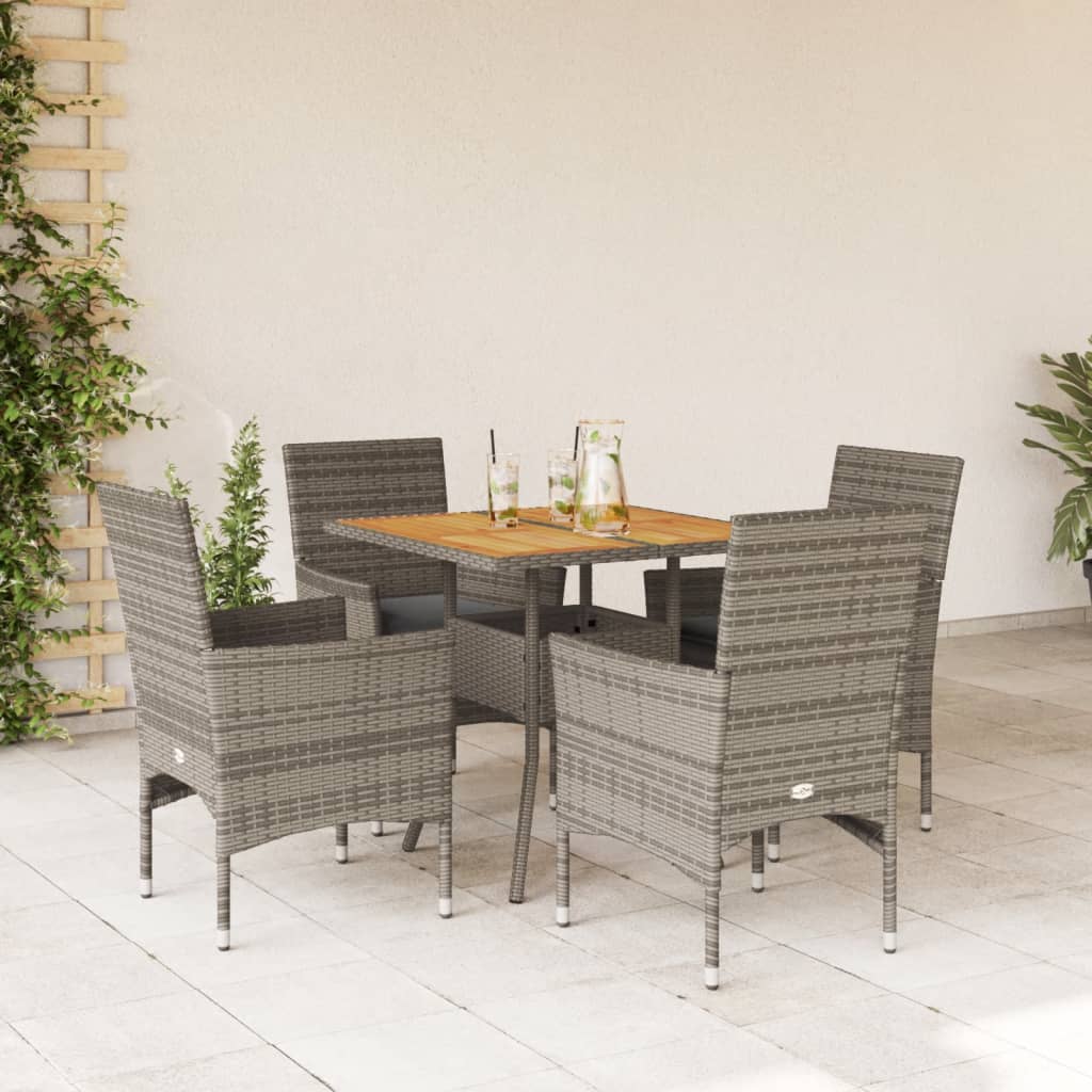 5-delige Loungeset met kussens poly rattan en acaciahout grijs – afbeelding 1