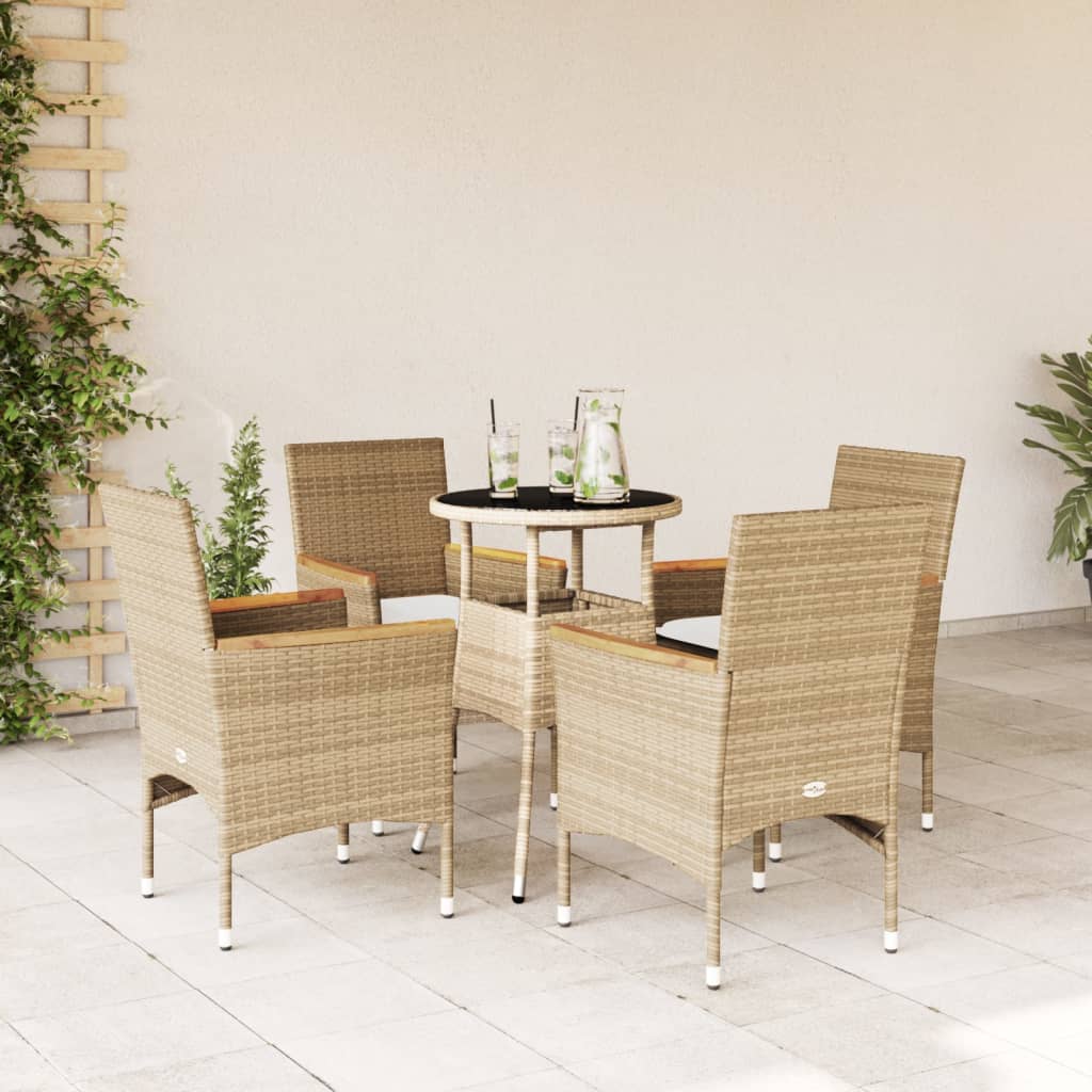 5-delige Tuinset met kussens poly rattan en glas beige – afbeelding 1