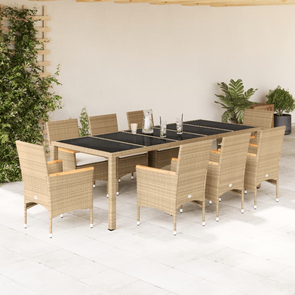 9-delige Tuinset met kussens poly rattan en glas beige – afbeelding 1