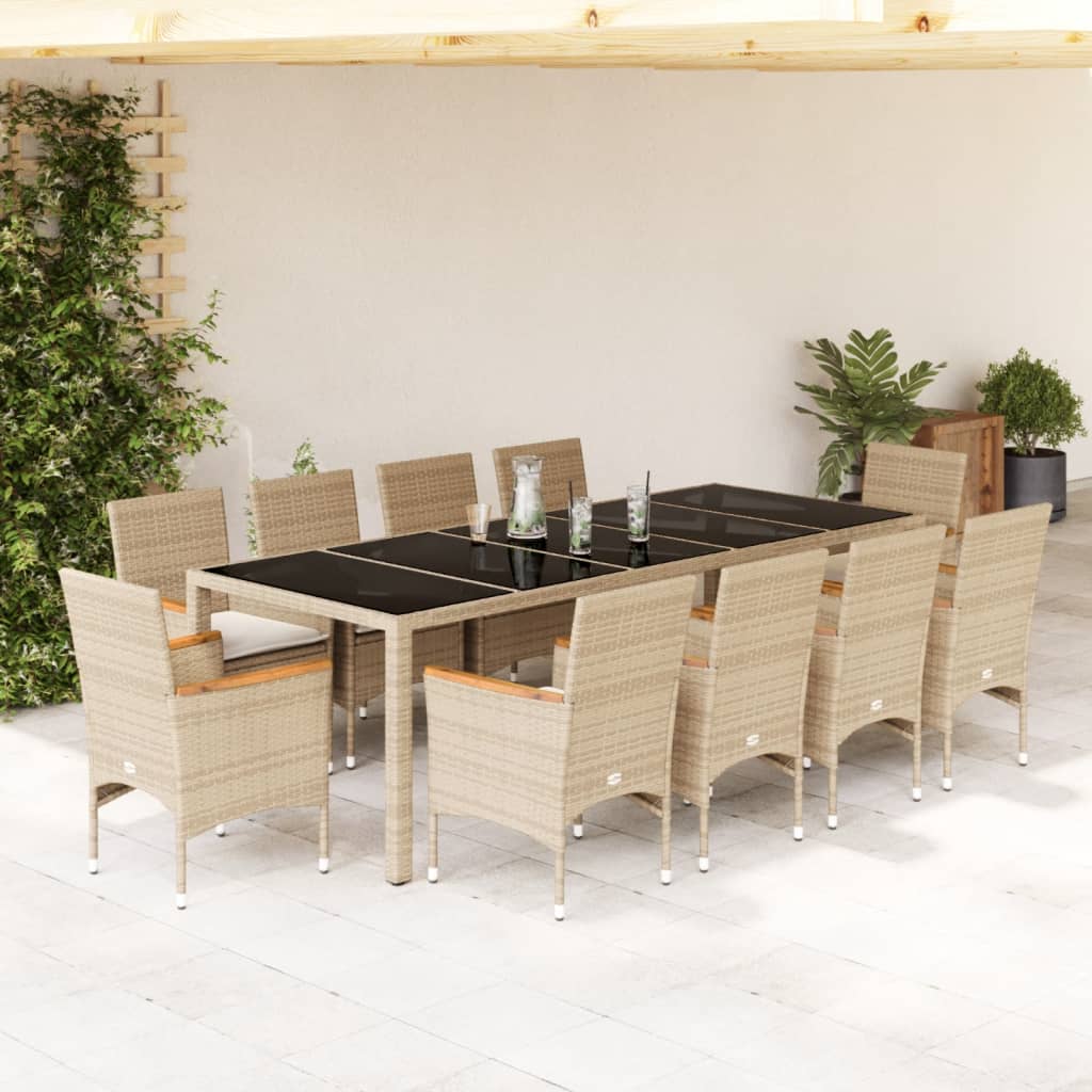 11-delige Tuinset met kussens poly rattan en glas beige – afbeelding 1
