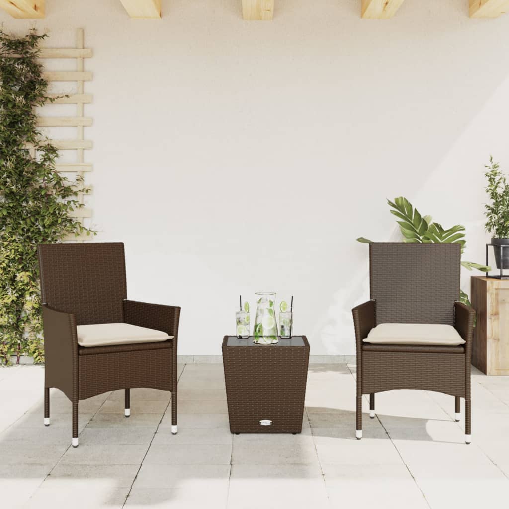 3-delige Bistroset met kussens poly rattan en glas bruin – afbeelding 1
