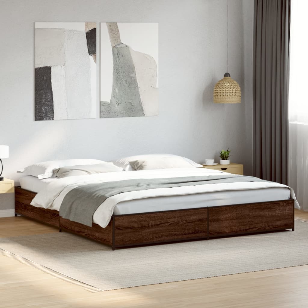 Bedframe bewerkt hout metaal bruin eikenkleur 160x200 cm – afbeelding 1