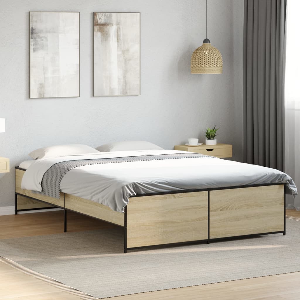 Bedframe bewerkt hout metaal sonoma eikenkleurig 90x190 cm – afbeelding 1