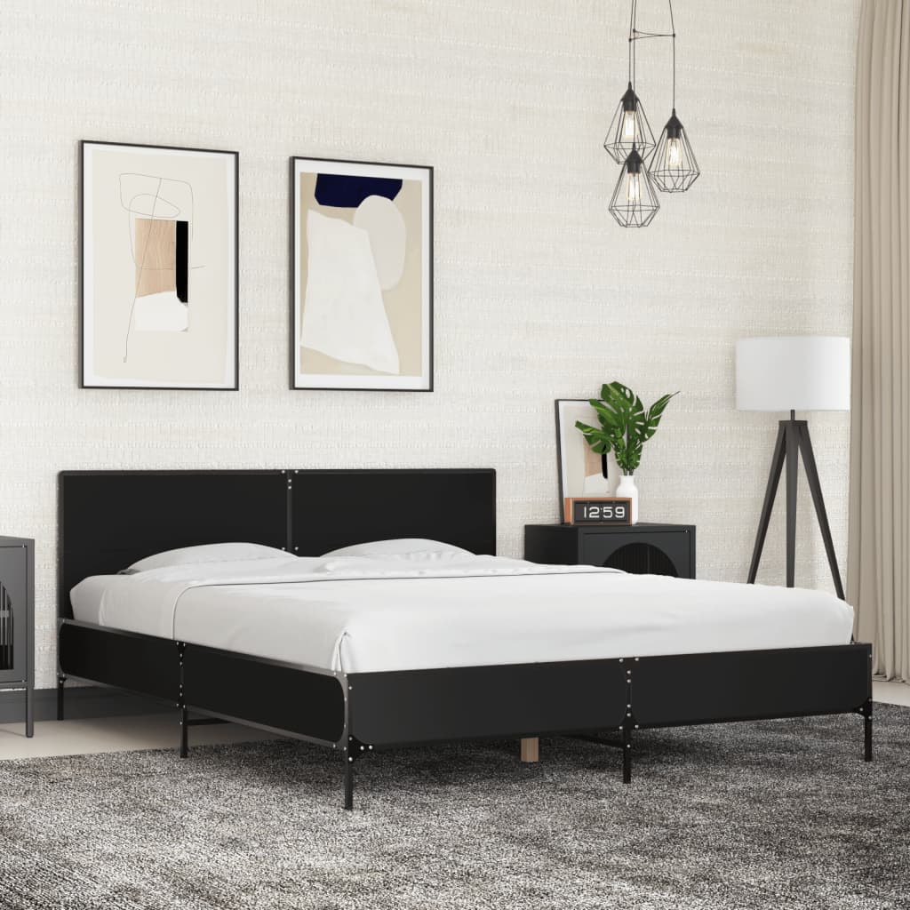Bedframe bewerkt hout metaal zwart 150x200 cm – afbeelding 1