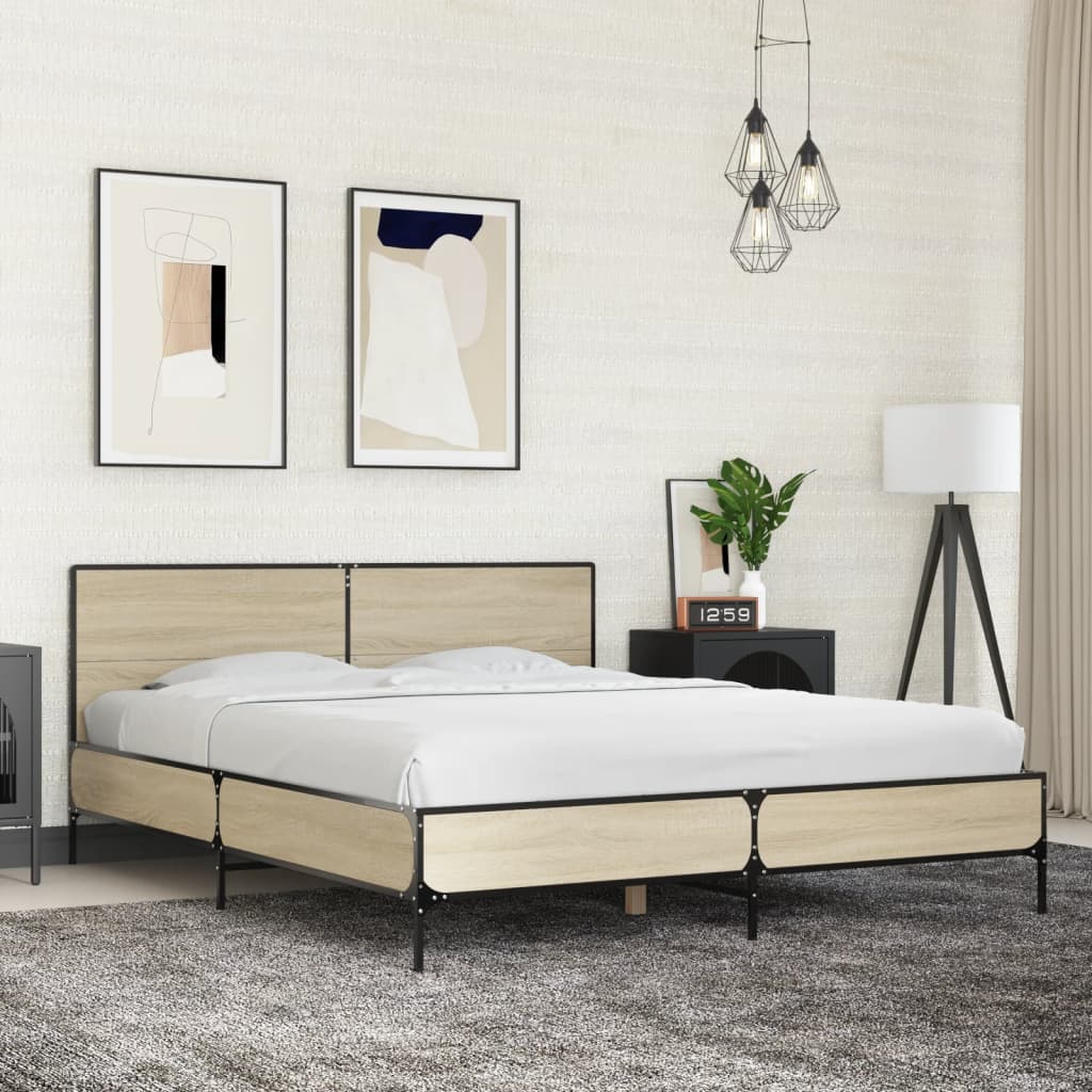 Bedframe bewerkt hout metaal sonoma eikenkleurig 150x200 cm – afbeelding 1