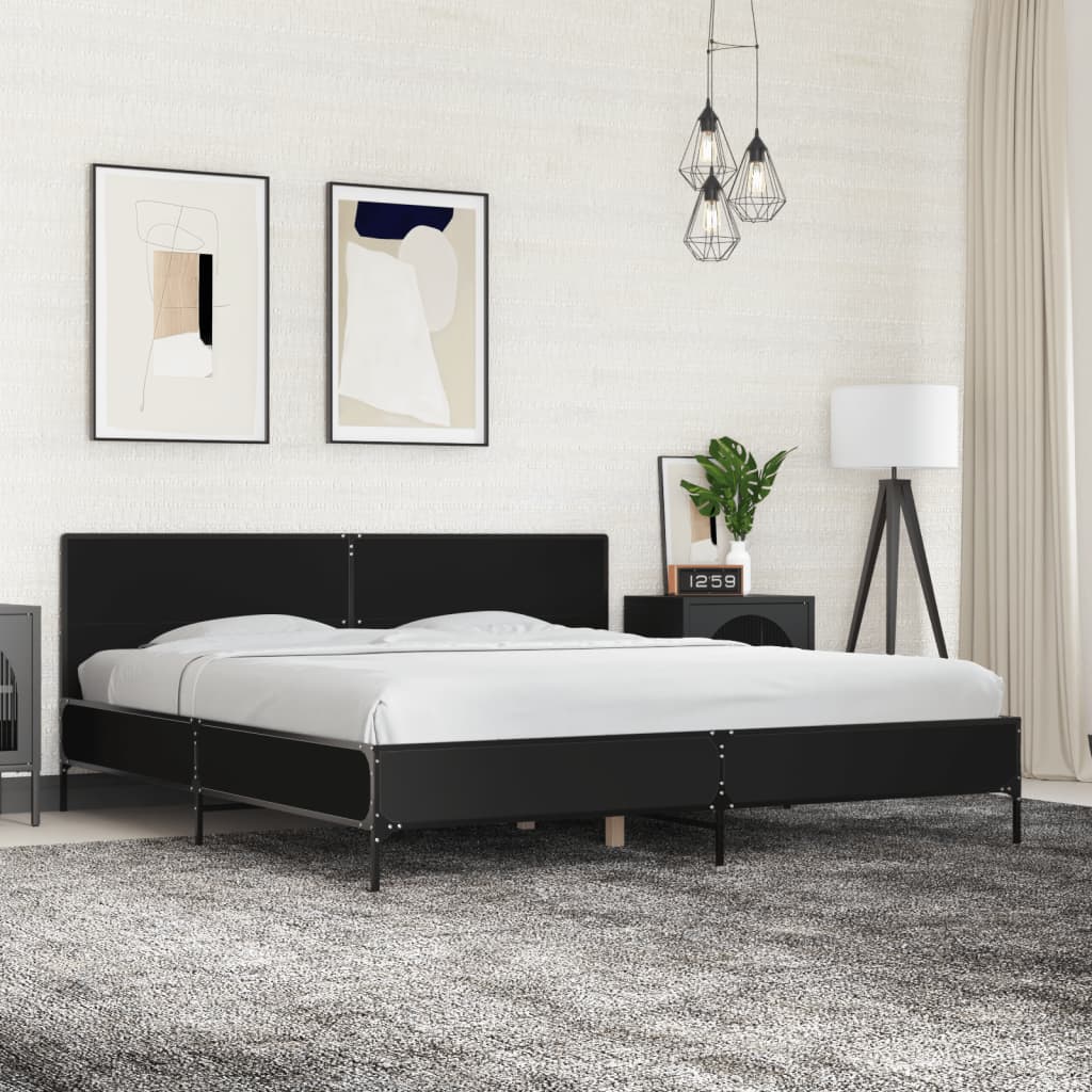 Bedframe bewerkt hout metaal zwart 180x200 cm – afbeelding 1