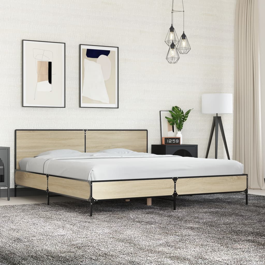 Bedframe bewerkt hout metaal sonoma eikenkleurig 180x200 cm – afbeelding 1
