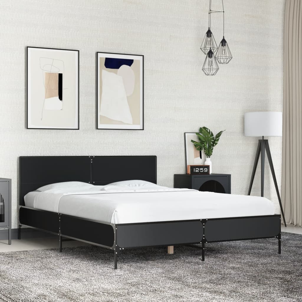 Bedframe bewerkt hout metaal zwart 135x190 cm – afbeelding 1