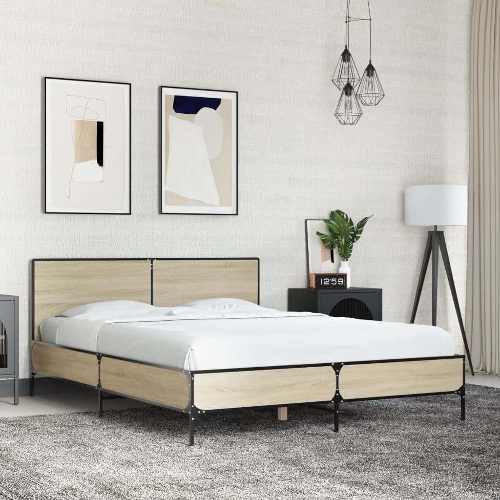 Bedframe bewerkt hout metaal sonoma eikenkleurig 135x190 cm – afbeelding 1