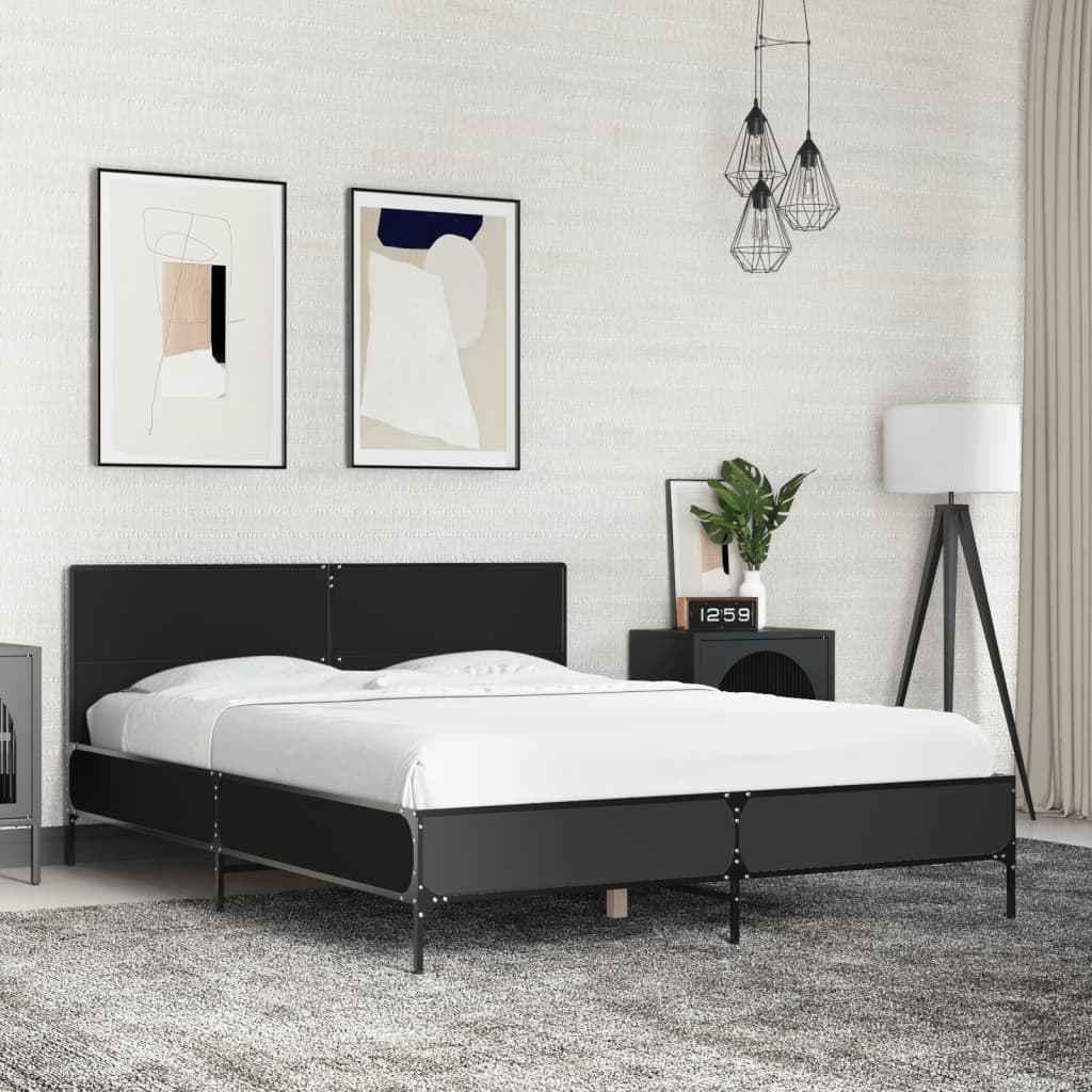 Bedframe LED bewerkt hout metaal zwart 140x190 cm – afbeelding 1