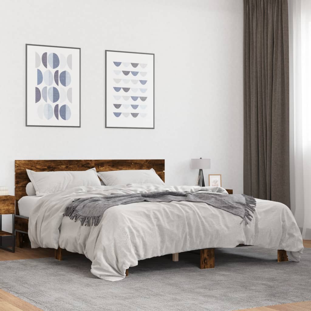 Bedframe bewerkt hout metaal gerookt eikenkleurig 160x200 cm