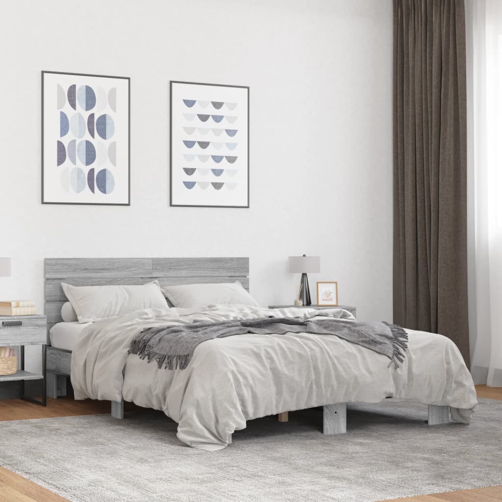 Bedframe bewerkt hout metaal grijs sonoma eiken 140x190 cm