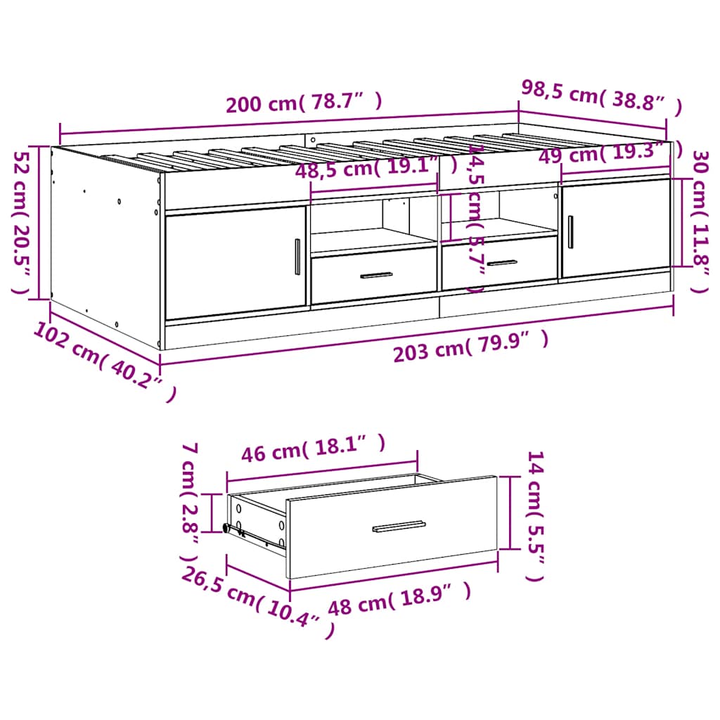 Slaapbank met lades zonder matras 100x200 cm wit – afbeelding 10