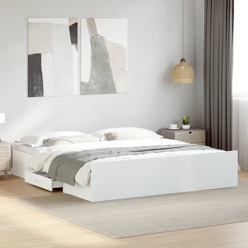 Bedframe met lades bewerkt hout wit 200x200 cm – afbeelding 1