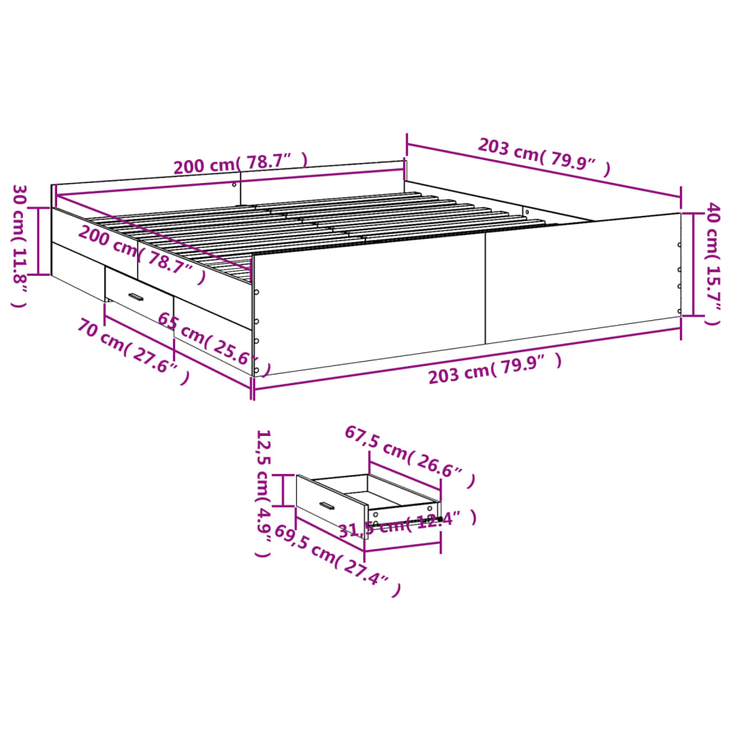 Bedframe met lades bewerkt hout wit 200x200 cm – afbeelding 11