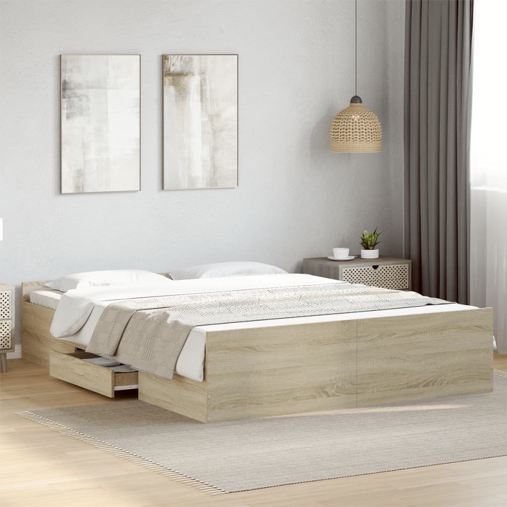 Bedframe met lades bewerkt hout sonoma eikenkleurig 160x200 cm – afbeelding 1