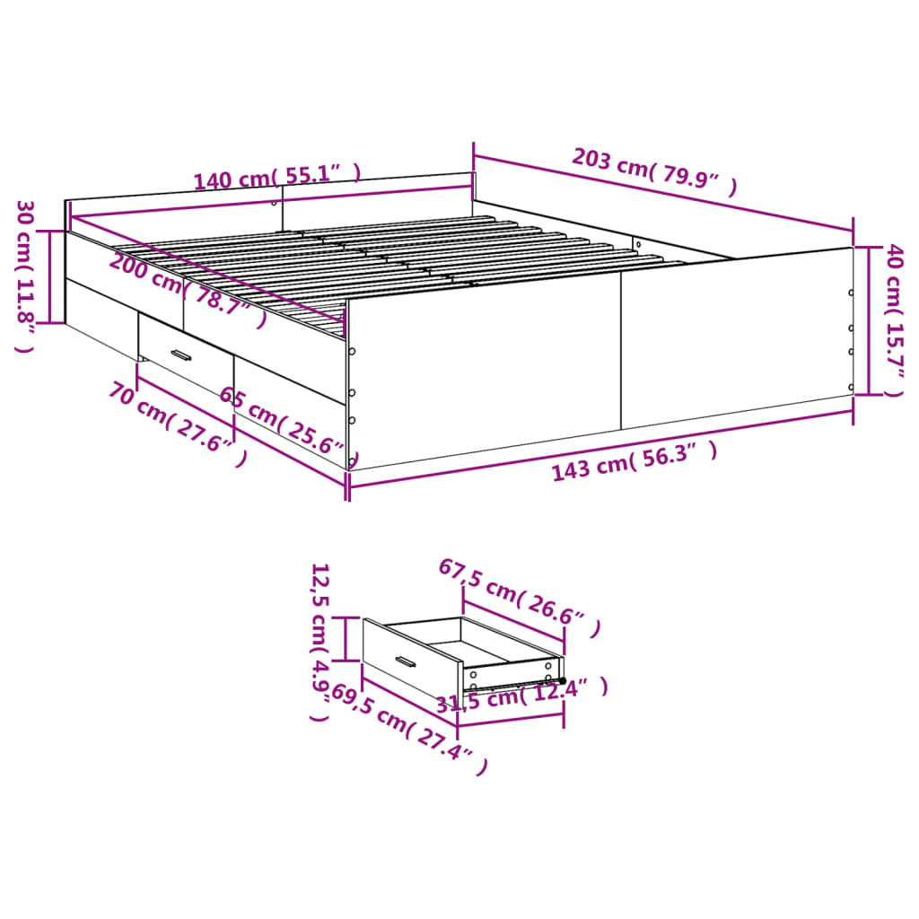 Bedframe met lades bewerkt hout sonoma eikenkleurig 140x200 cm – afbeelding 11