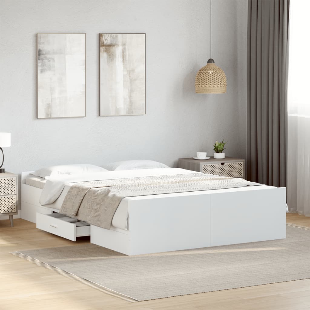 Bedframe met lades bewerkt hout wit 135x190 cm – afbeelding 1