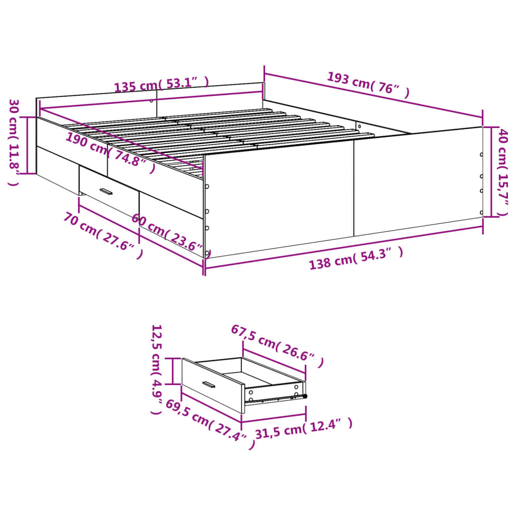 Bedframe met lades bewerkt hout wit 135x190 cm – afbeelding 11