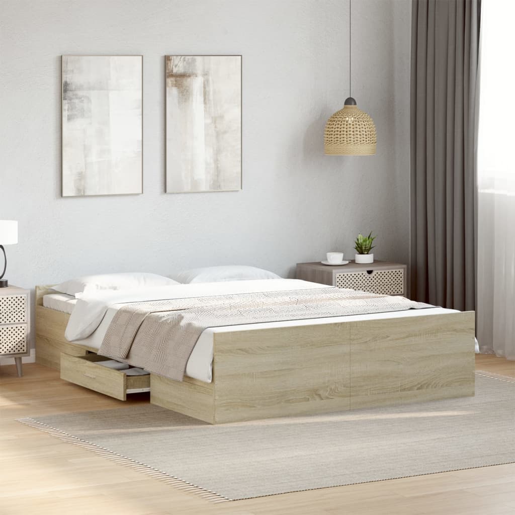 Bedframe met lades bewerkt hout sonoma eikenkleurig 135x190 cm – afbeelding 1
