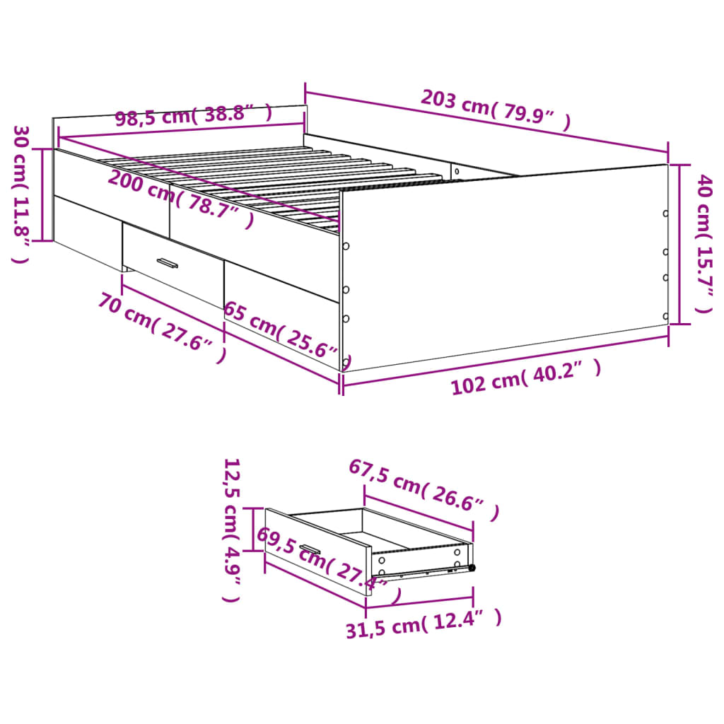 Bedframe met lades bewerkt hout wit 100x200 cm – afbeelding 11