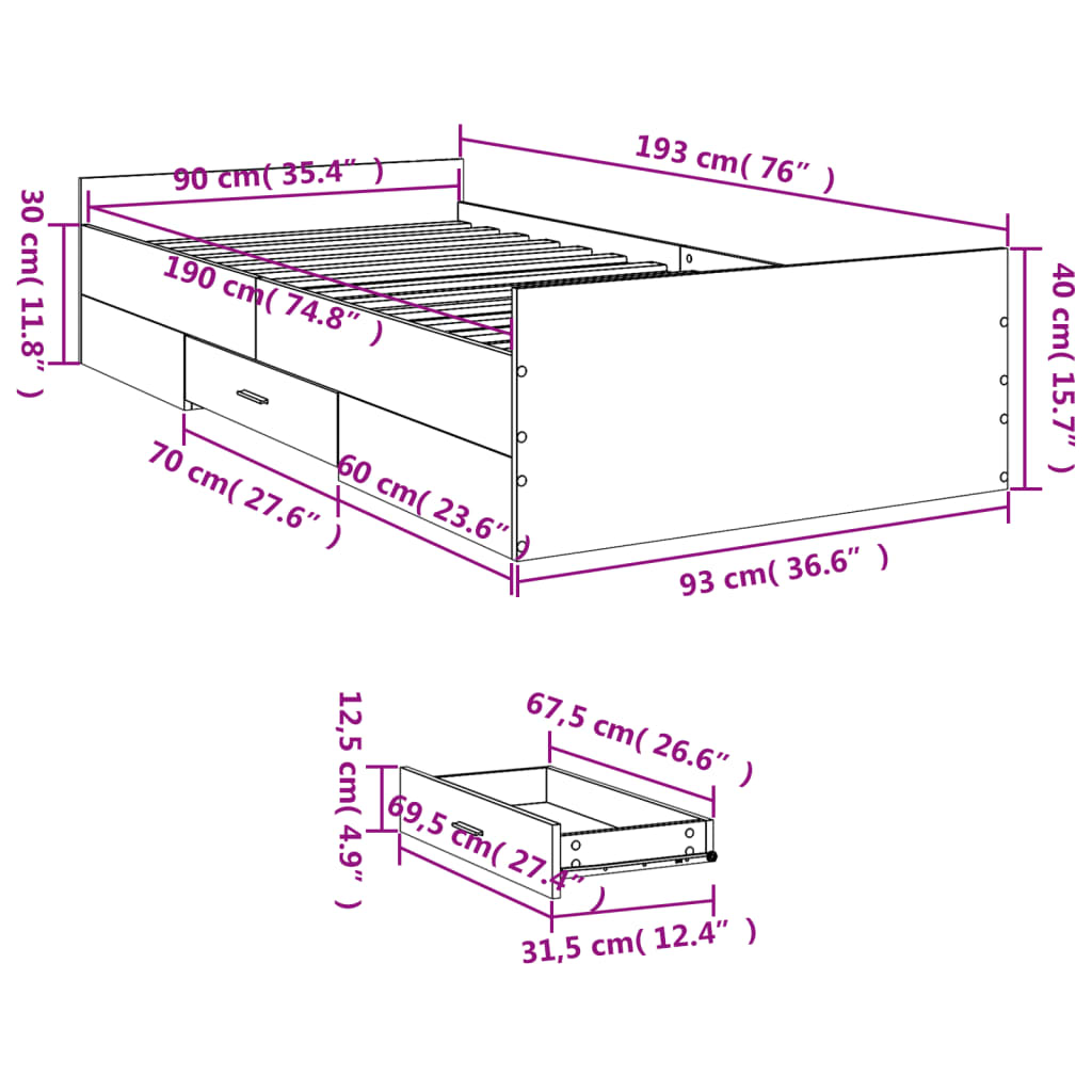 Bedframe met lades bewerkt hout wit 90x190 cm – afbeelding 11