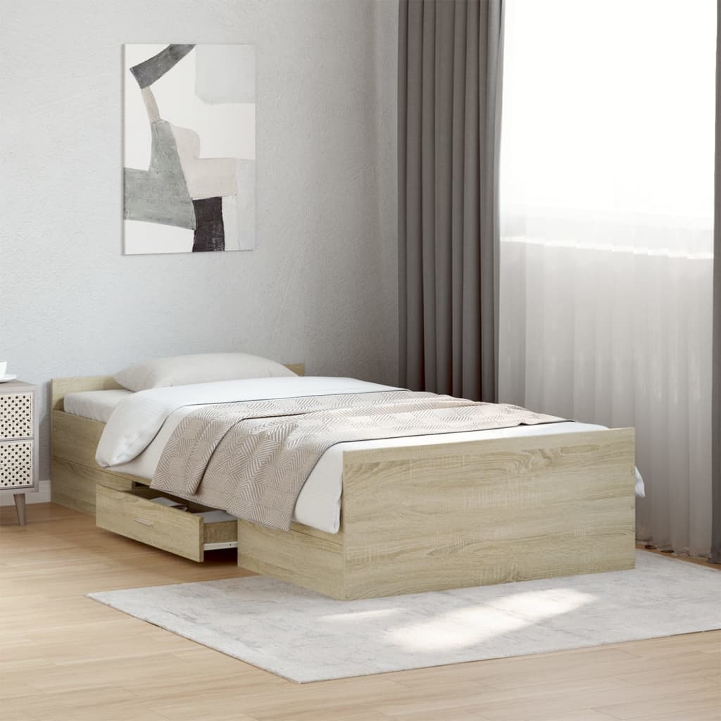 Bedframe met lades bewerkt hout sonoma eikenkleurig 90x190 cm – afbeelding 1