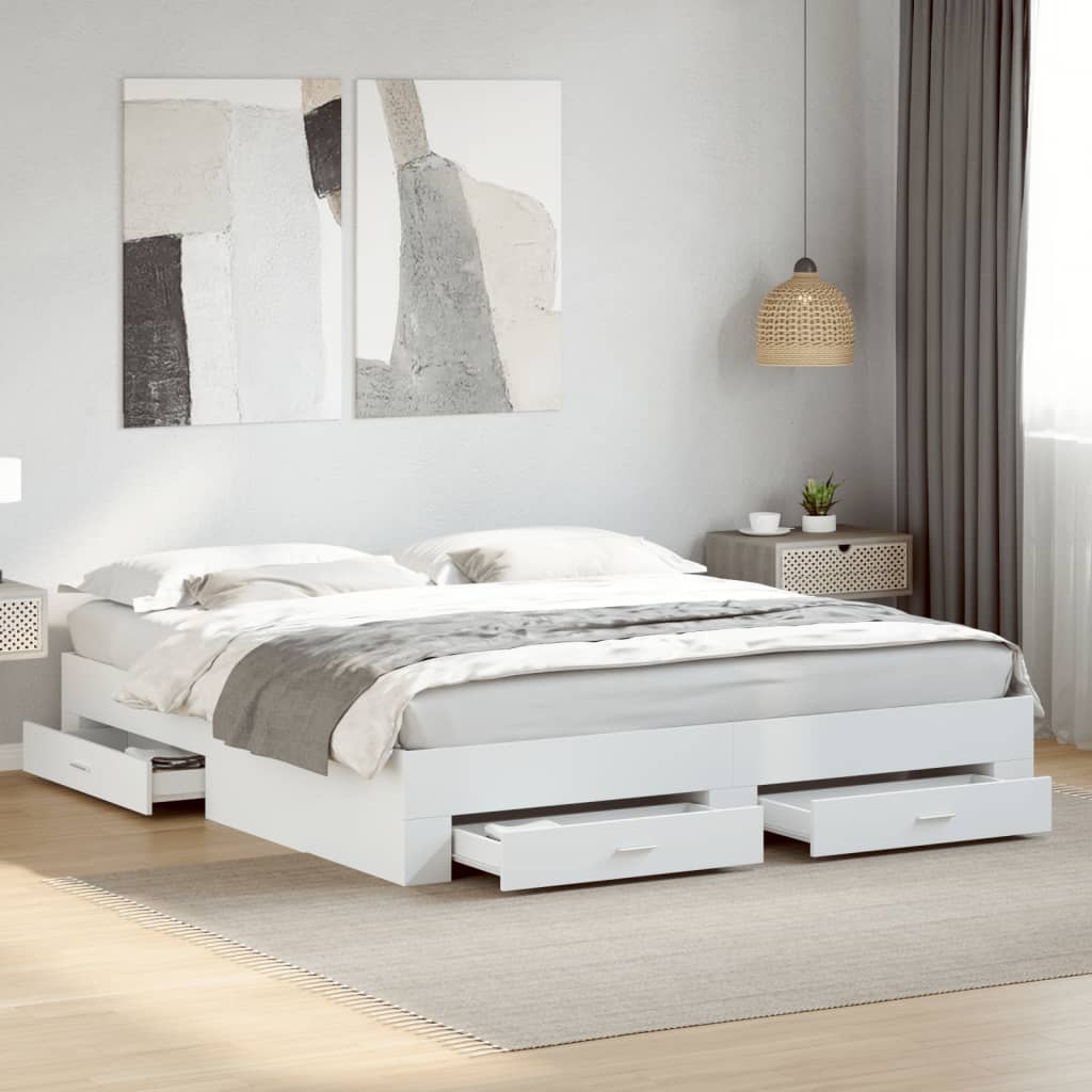 Bedframe met lades bewerkt hout wit 200x200 cm – afbeelding 1