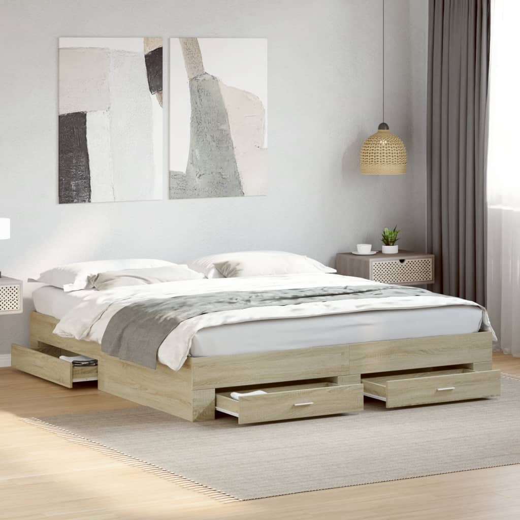 Bedframe met lades bewerkt hout sonoma eikenkleurig 200x200 cm – afbeelding 1