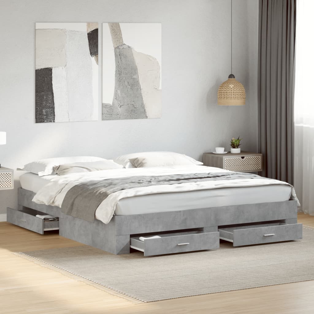 Bedframe met lades bewerkt hout betongrijs 200x200 cm – afbeelding 1