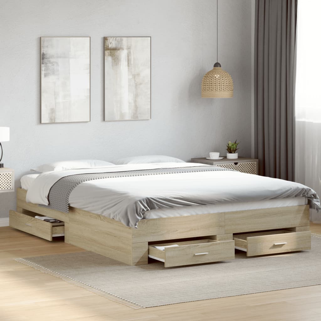 Bedframe met lades bewerkt hout sonoma eikenkleurig 160x200 cm – afbeelding 1