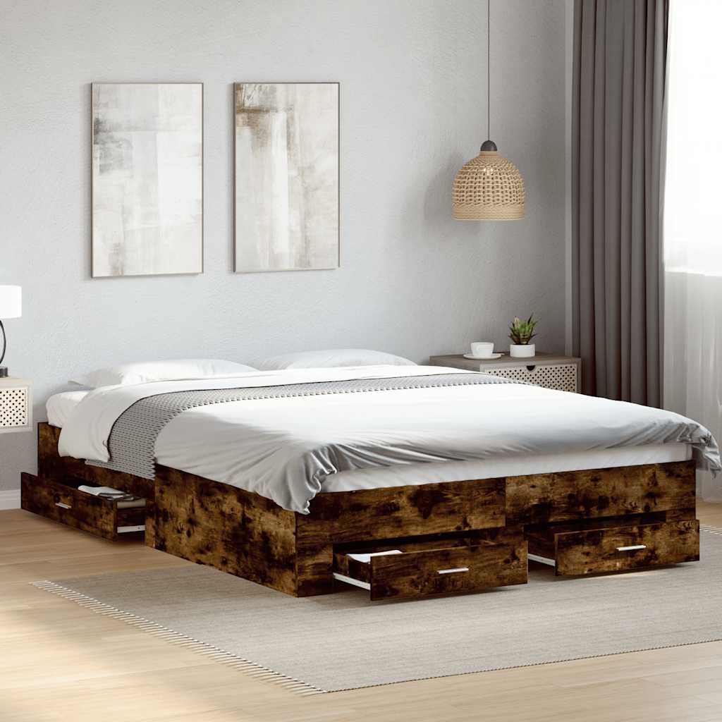 Bedframe met lades bewerkt hout gerookt eikenkleurig 160x200 cm – afbeelding 1