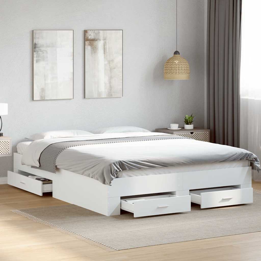 Bedframe met lades bewerkt hout wit 150x200 cm – afbeelding 1