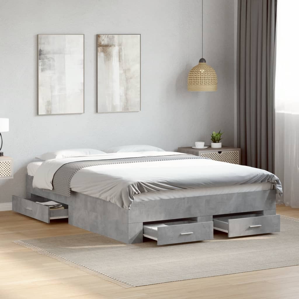 Bedframe met lades bewerkt hout betongrijs 120x200 cm – afbeelding 1
