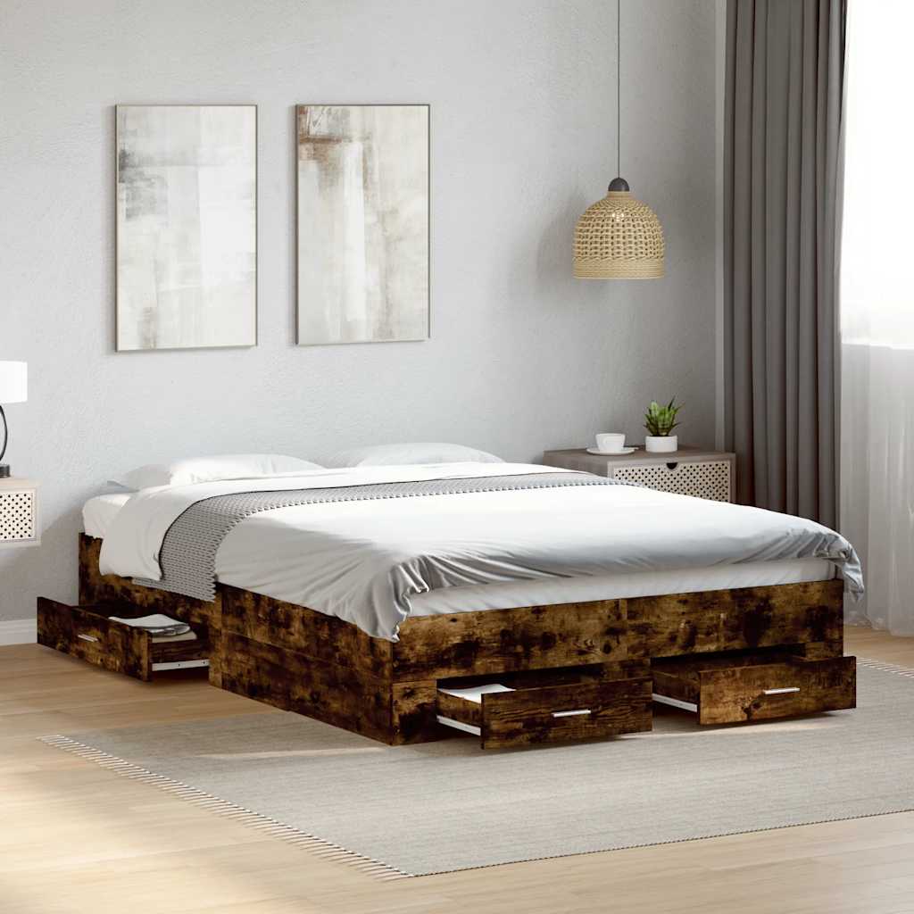 Bedframe met lades bewerkt hout gerookt eikenkleurig 140x190 cm – afbeelding 1