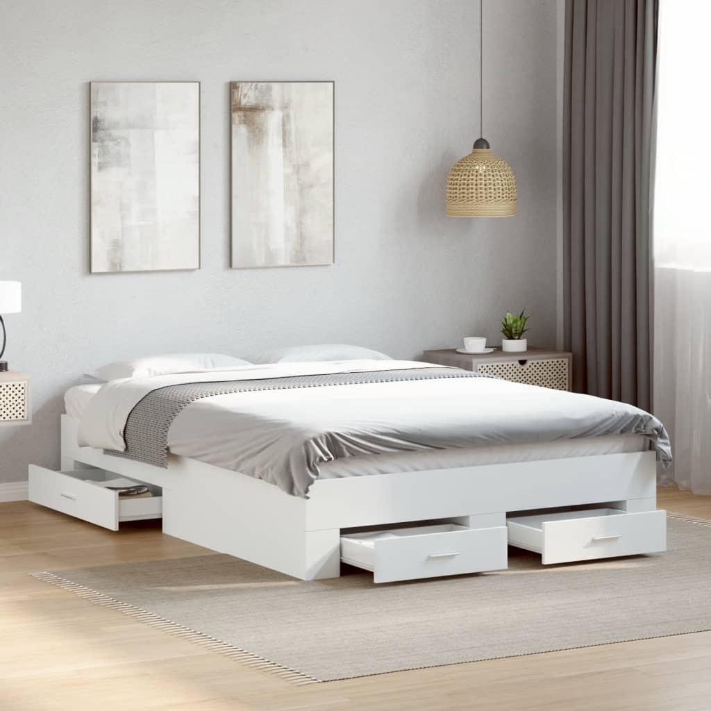 Bedframe met lades bewerkt hout wit 120x190 cm – afbeelding 1