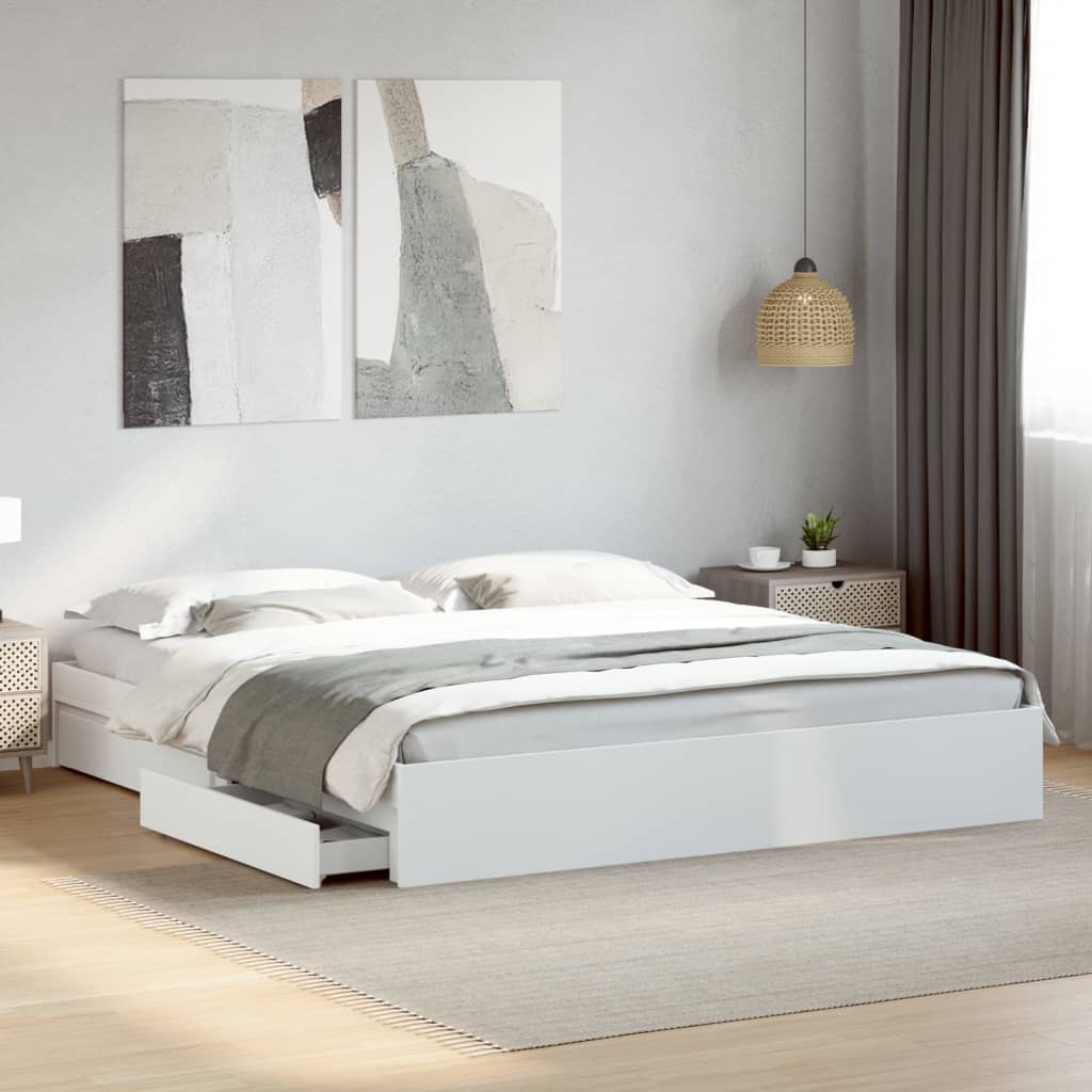 Bedframe met lades bewerkt hout wit 200x200 cm – afbeelding 1