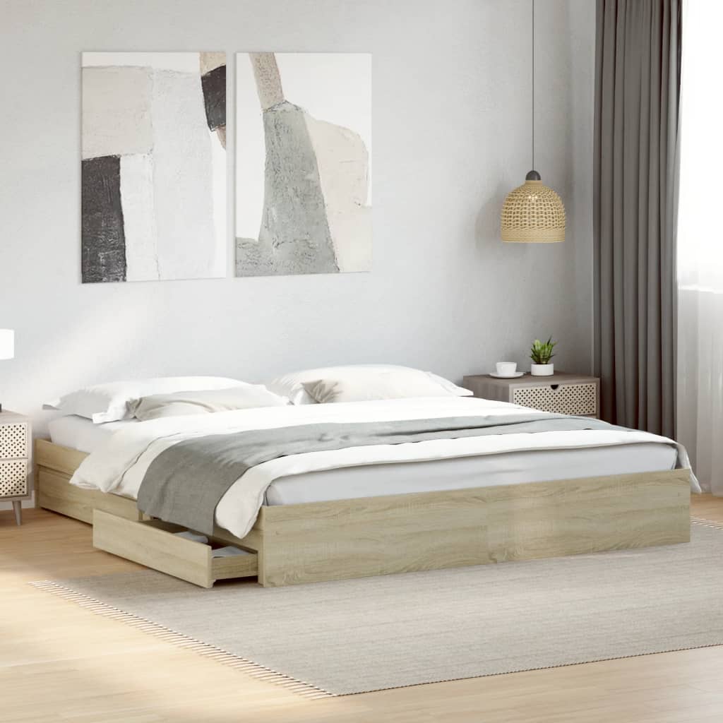 Bedframe met lades bewerkt hout sonoma eikenkleurig 200x200 cm – afbeelding 1