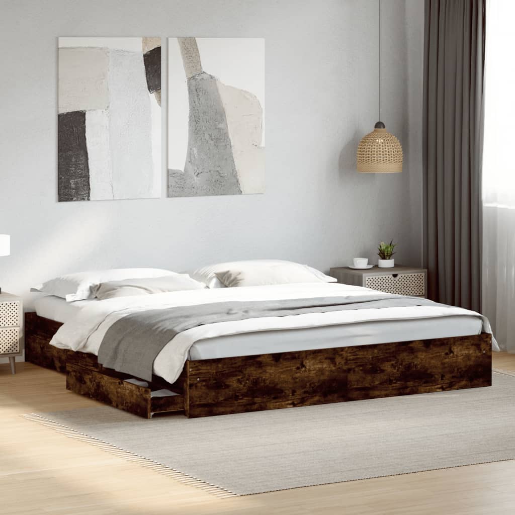 Bedframe met lades bewerkt hout gerookt eikenkleurig 200x200 cm – afbeelding 1