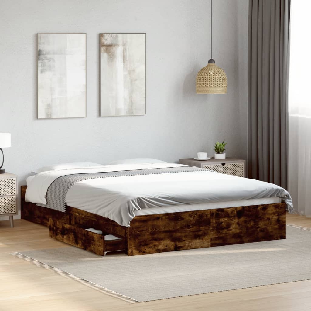 Bedframe met lades bewerkt hout gerookt eikenkleurig 120x200 cm – afbeelding 1
