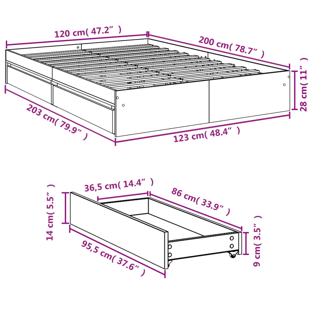 Bedframe met lades bewerkt hout grijs sonoma eiken 120x200 cm – afbeelding 10