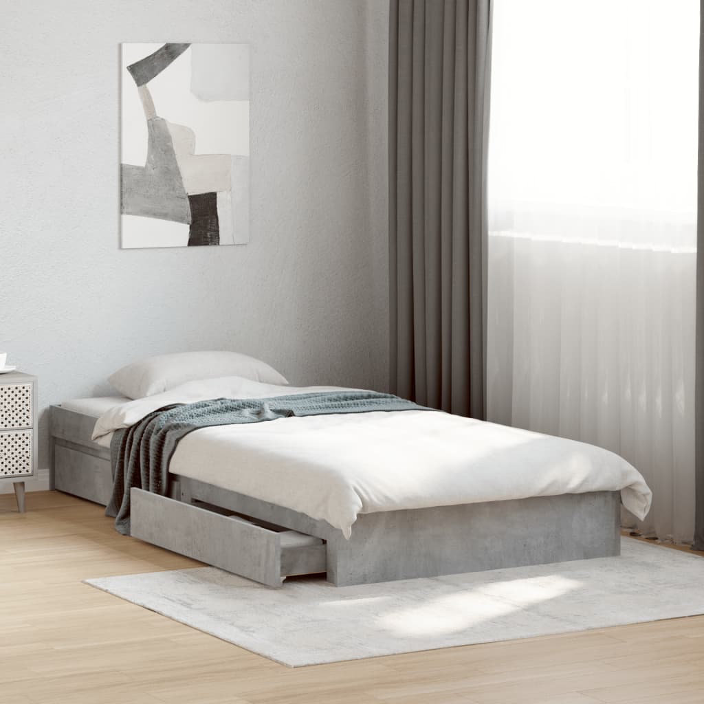 Bedframe met lades bewerkt hout betongrijs 100x200 cm – afbeelding 1