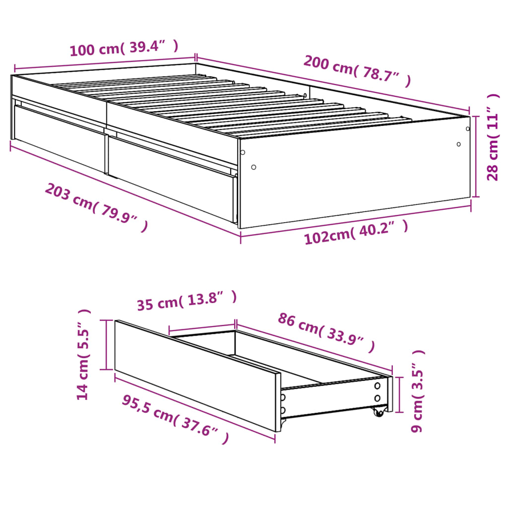 Bedframe met lades bewerkt hout betongrijs 100x200 cm – afbeelding 10