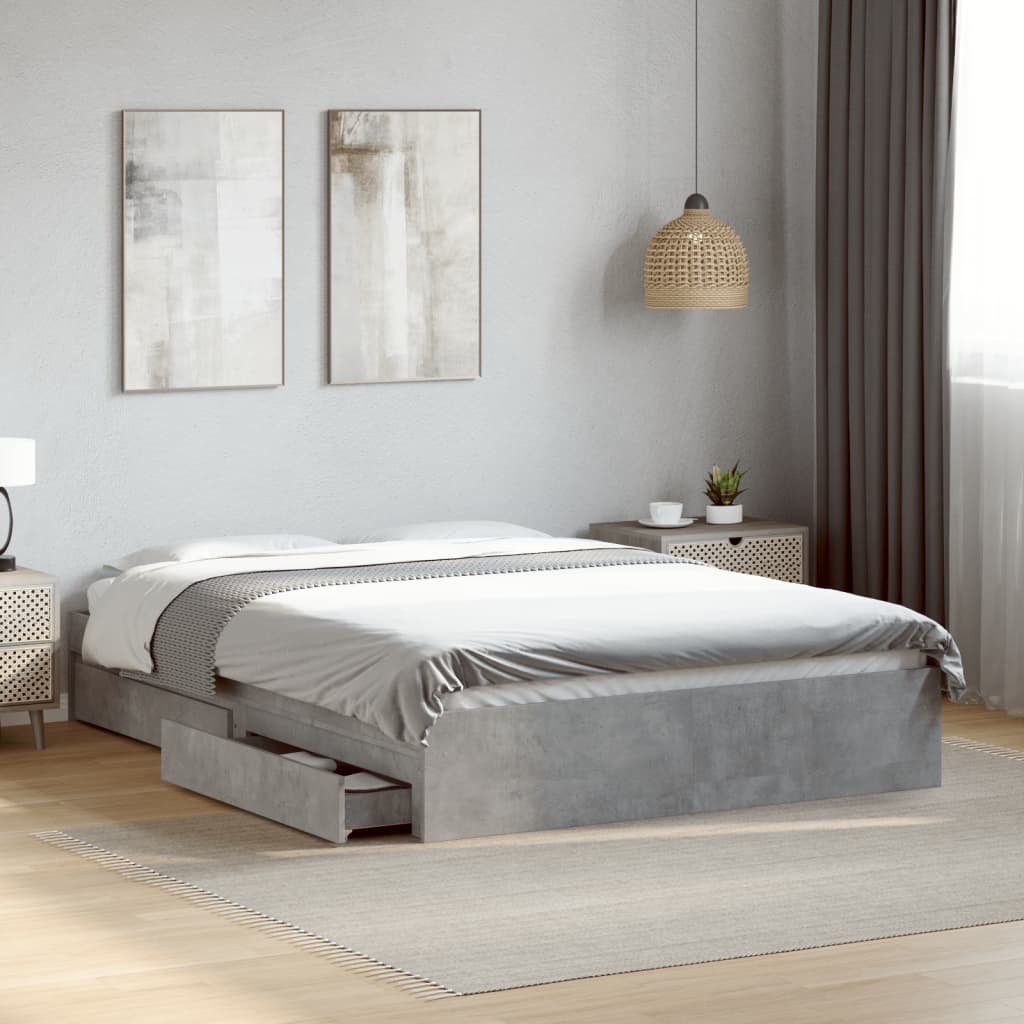Bedframe met lades bewerkt hout betongrijs 135x190 cm – afbeelding 1