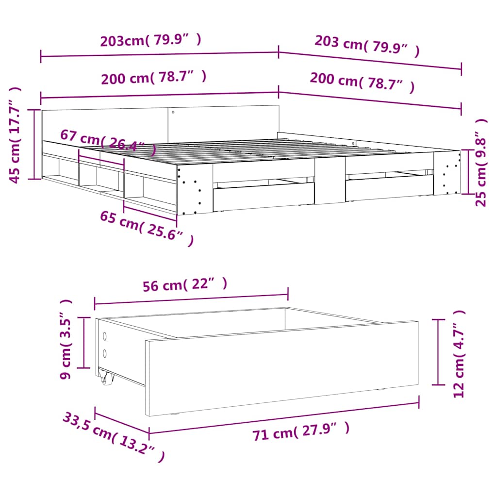 Bedframe met lades bewerkt hout wit 200x200 cm – afbeelding 10