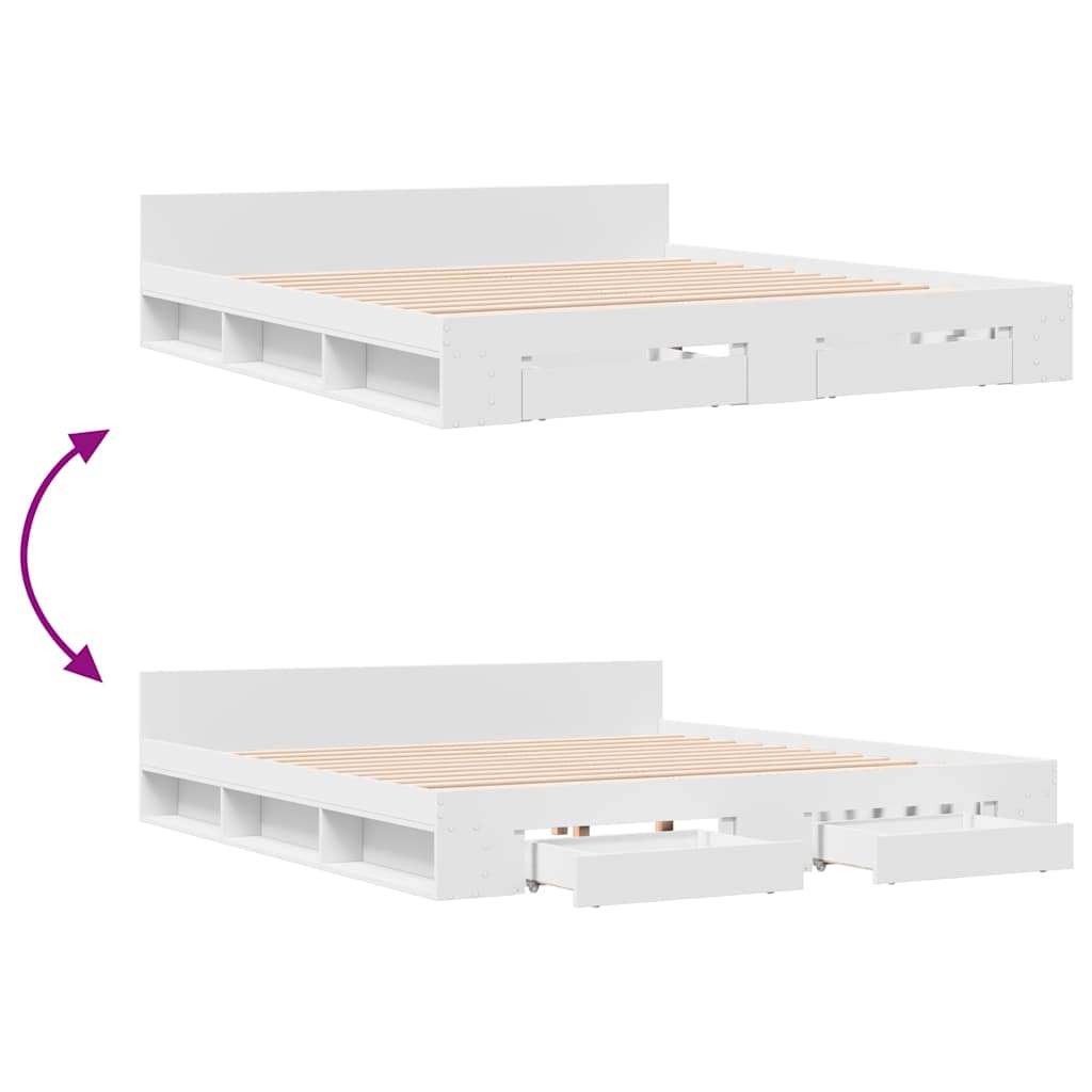 Bedframe met lades bewerkt hout wit 200x200 cm – afbeelding 7