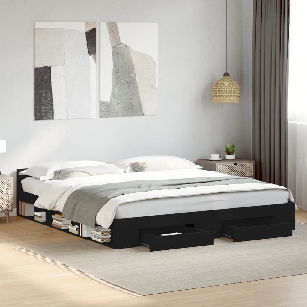 Bedframe met lades bewerkt hout zwart 200x200 cm – afbeelding 1