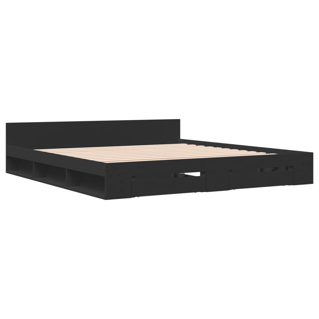 Bedframe met lades bewerkt hout zwart 200x200 cm – afbeelding 3
