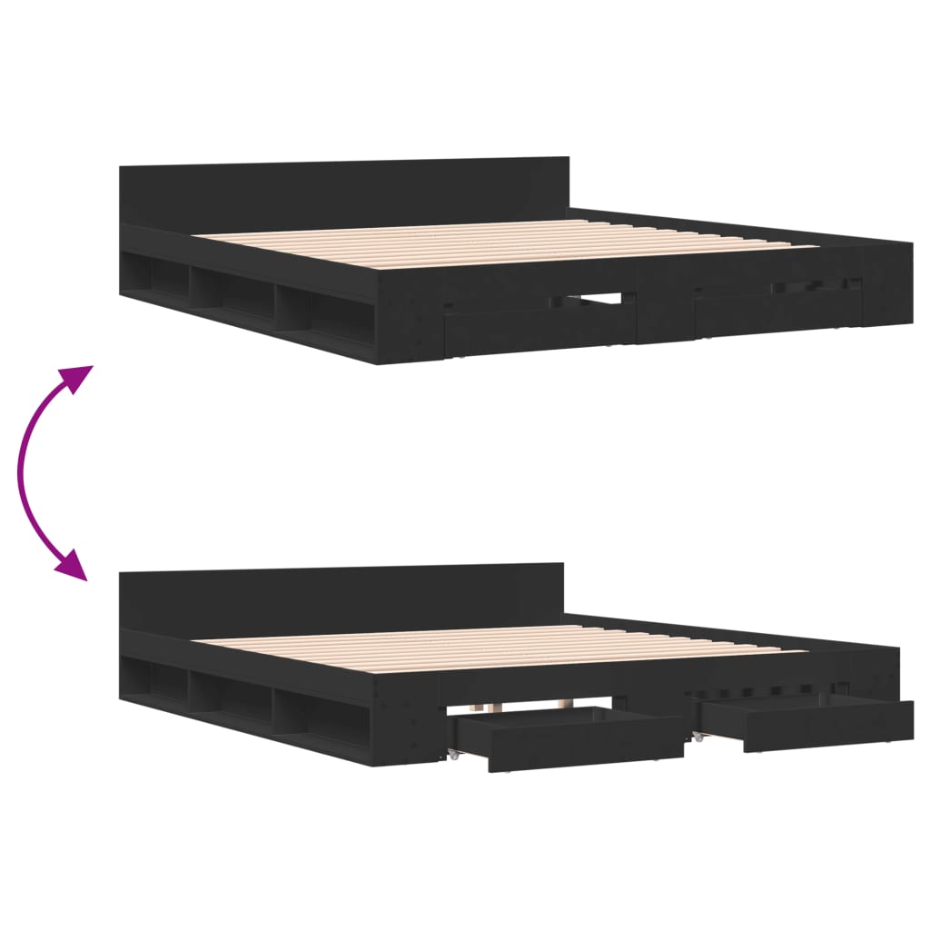 Bedframe met lades bewerkt hout zwart 200x200 cm – afbeelding 7